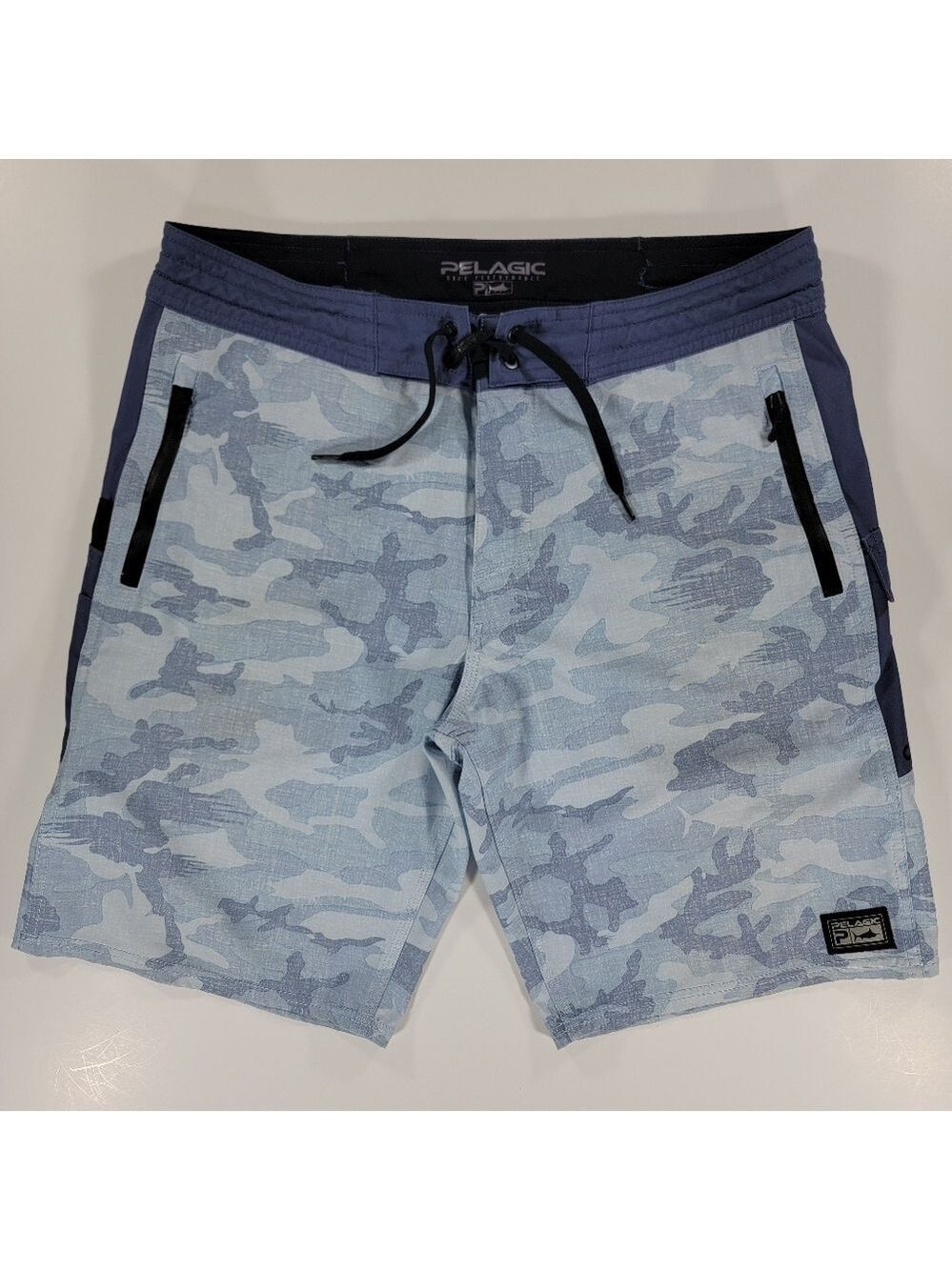 Pelagic High Performance Board Shorts Mens 32 Camo Fish Swim Beach Blue Stretch